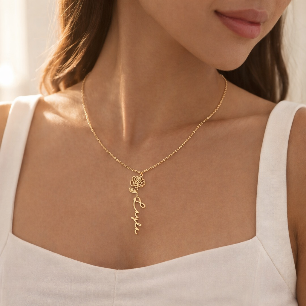 Name Necklace with Birthflower