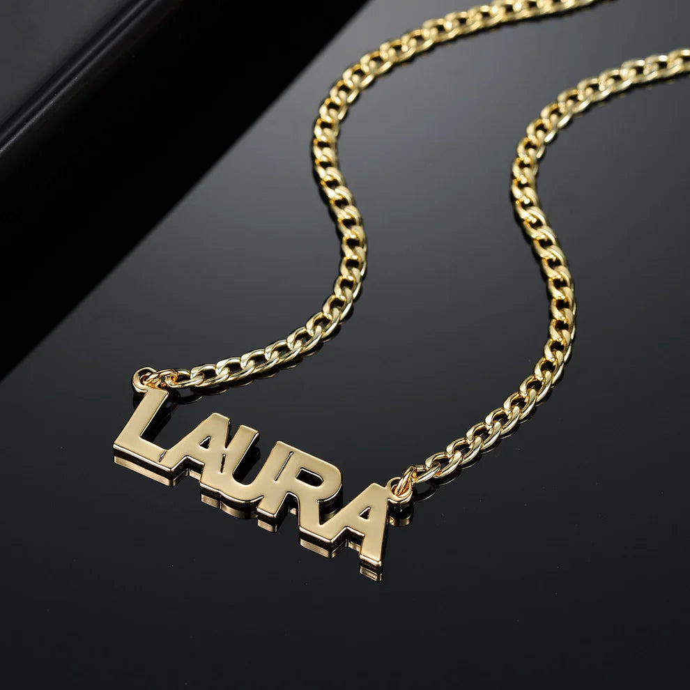 Block Letter Name Necklace on Cuban Chain