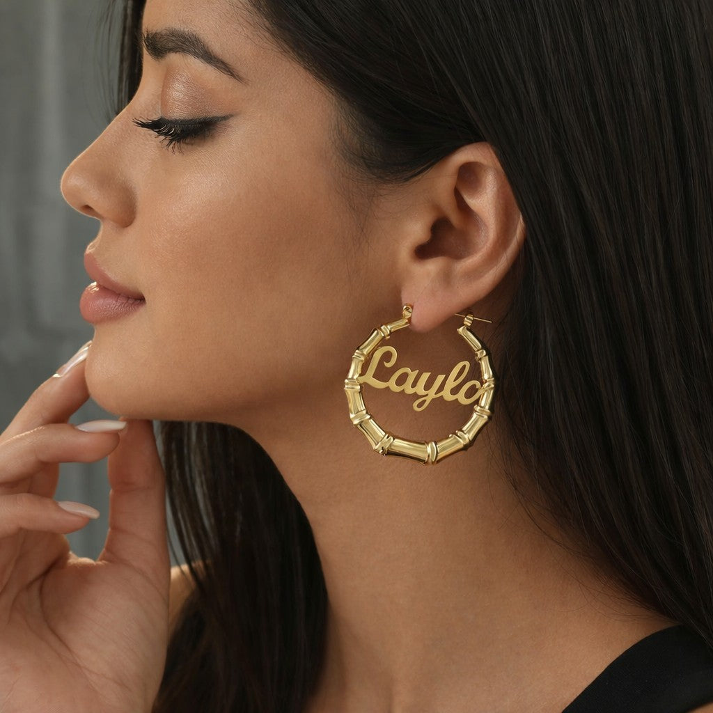 1.5 inch Bamboo Name Hoop Earrings