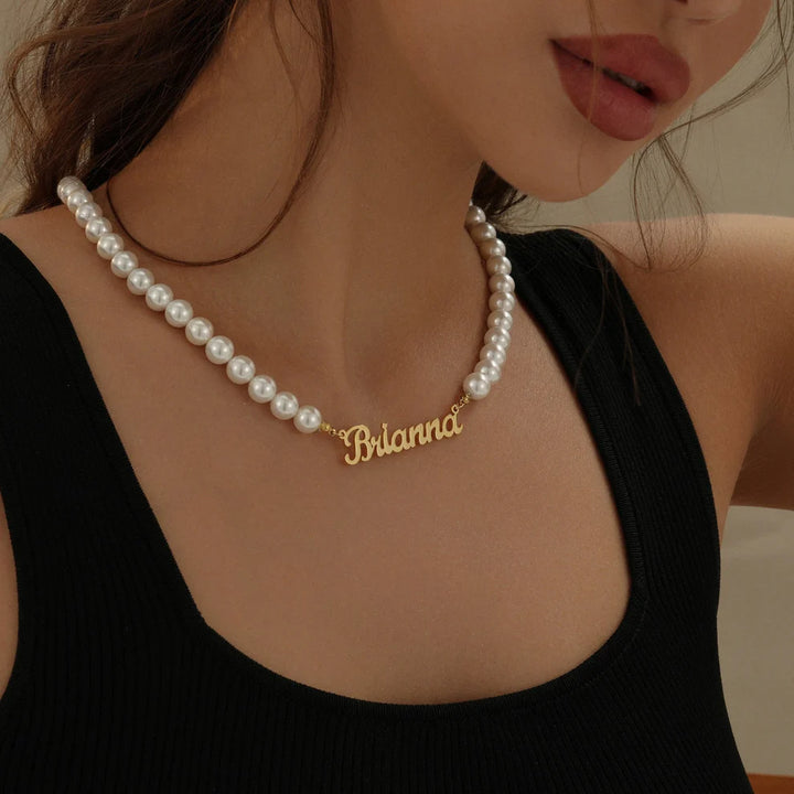 Custom Name Necklace with Pearl Chain