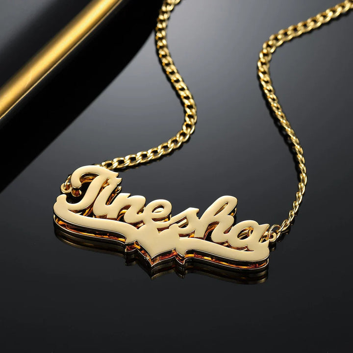 Double Plated Heart Name Necklace on Cuban Chain
