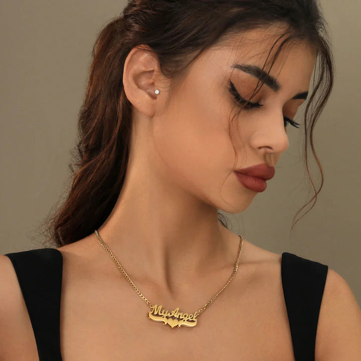 Double Plated Heart Name Necklace on Cuban Chain