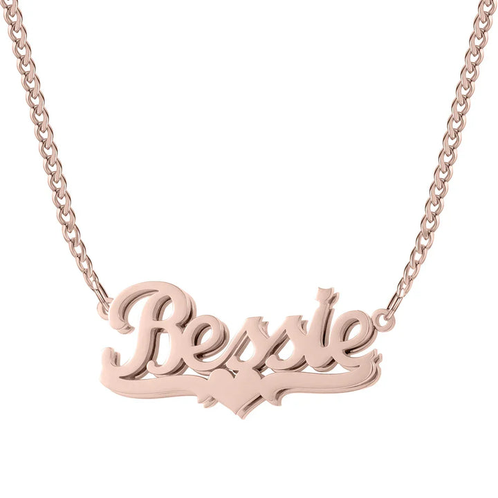 Double Plated Heart Name Necklace on Cuban Chain
