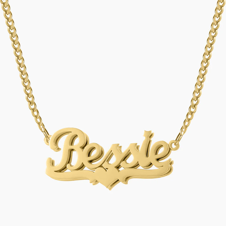Double Plated Heart Name Necklace on Cuban Chain