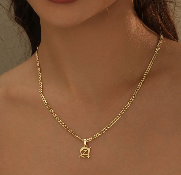 Gothic Initial Necklace with Cuban Chain
