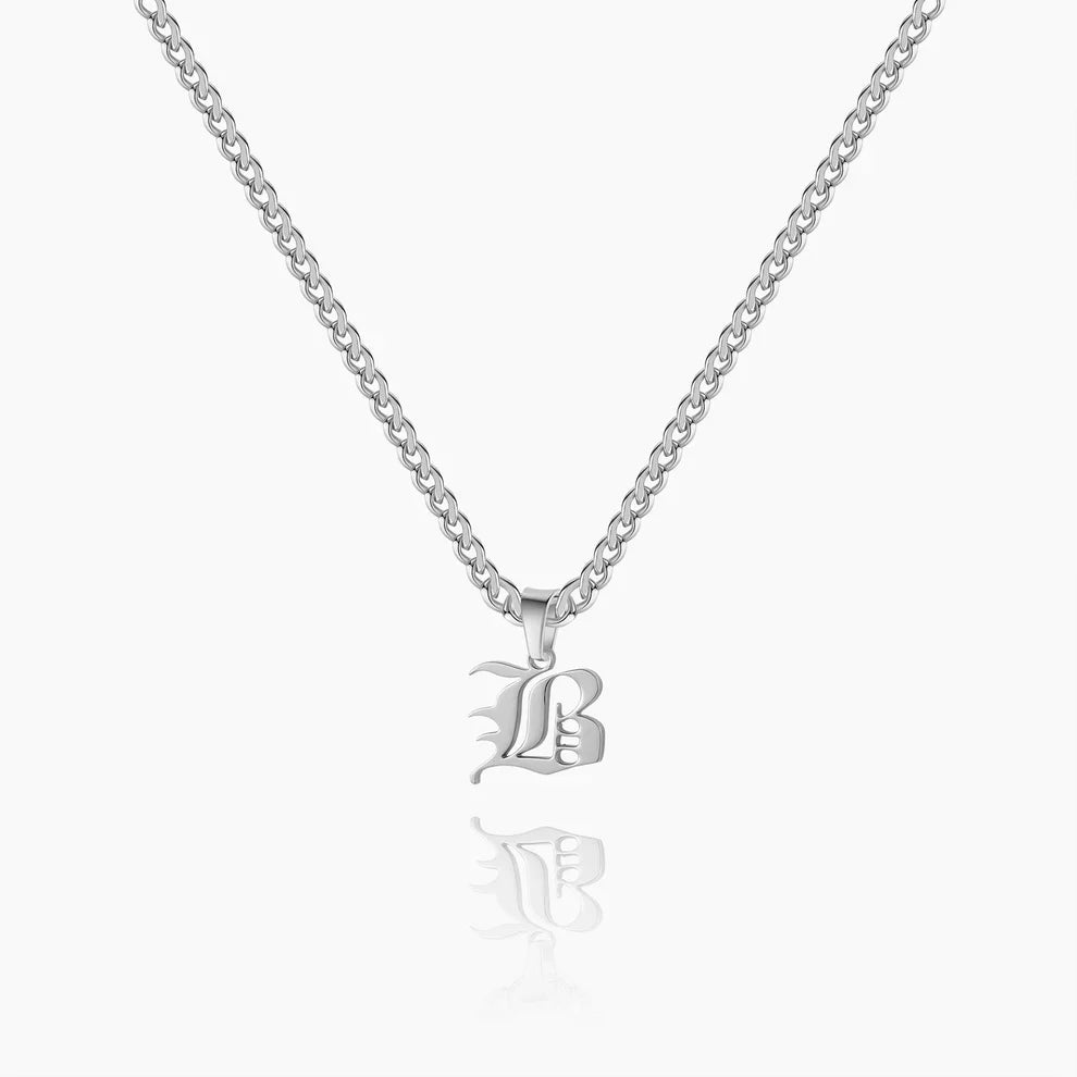 Gothic Initial Necklace with Cuban Chain