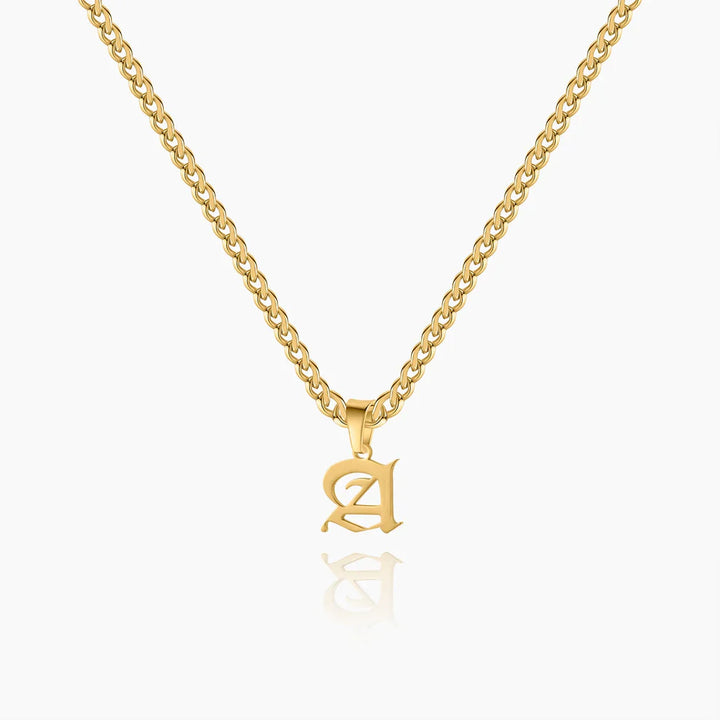 Gothic Initial Necklace with Cuban Chain